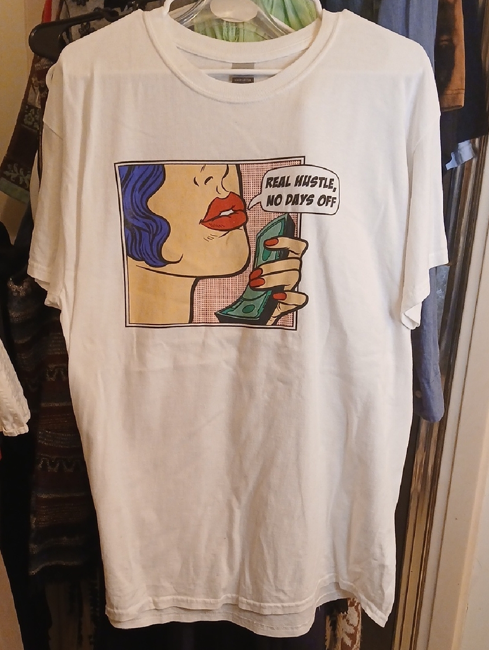 "Real HUSTLE, No Days Off",Gildan White Heavy Cotton T-Shirt,sz.L.